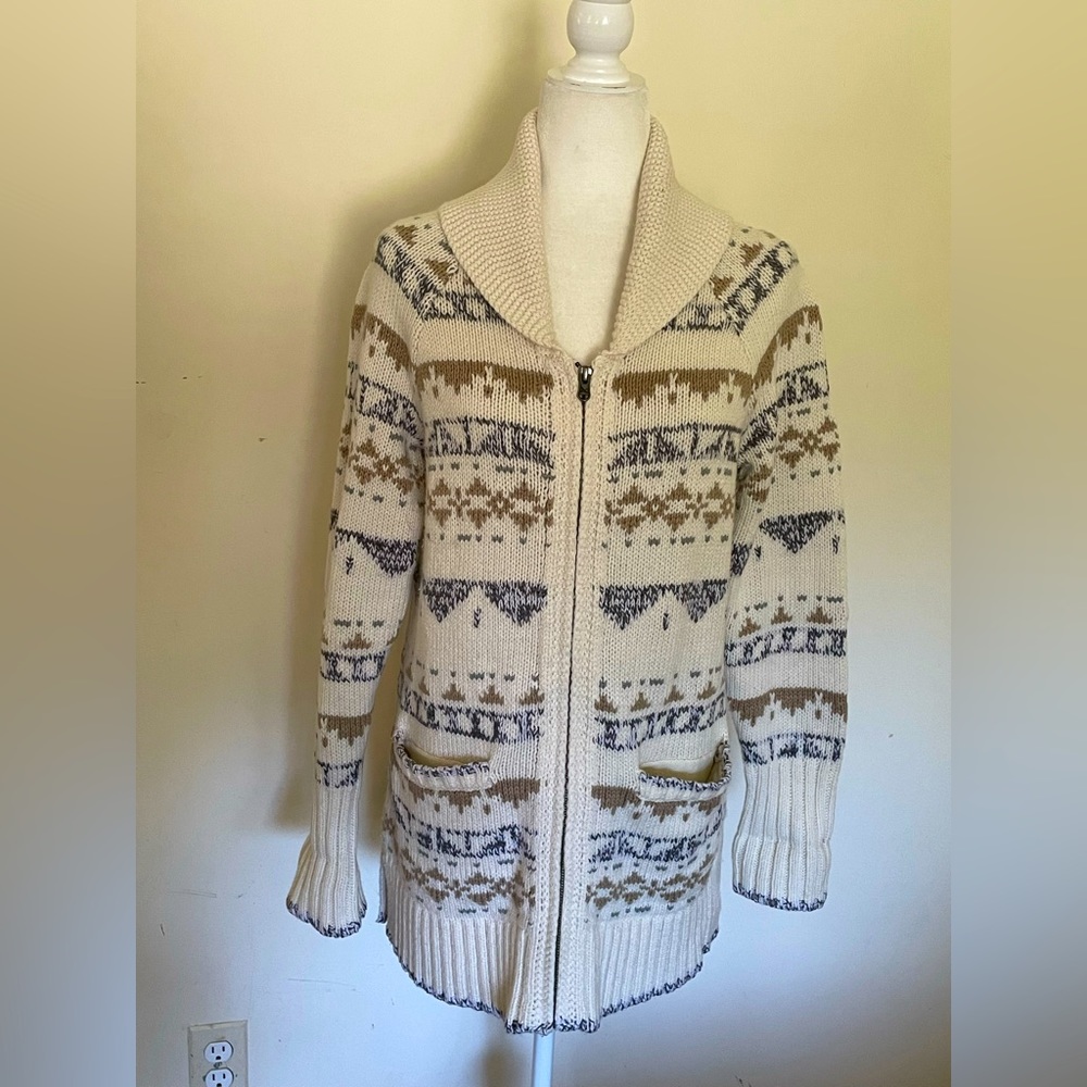 Eddie Bauer wool blend full front zip fair isle grandfather cardigan cream/tan